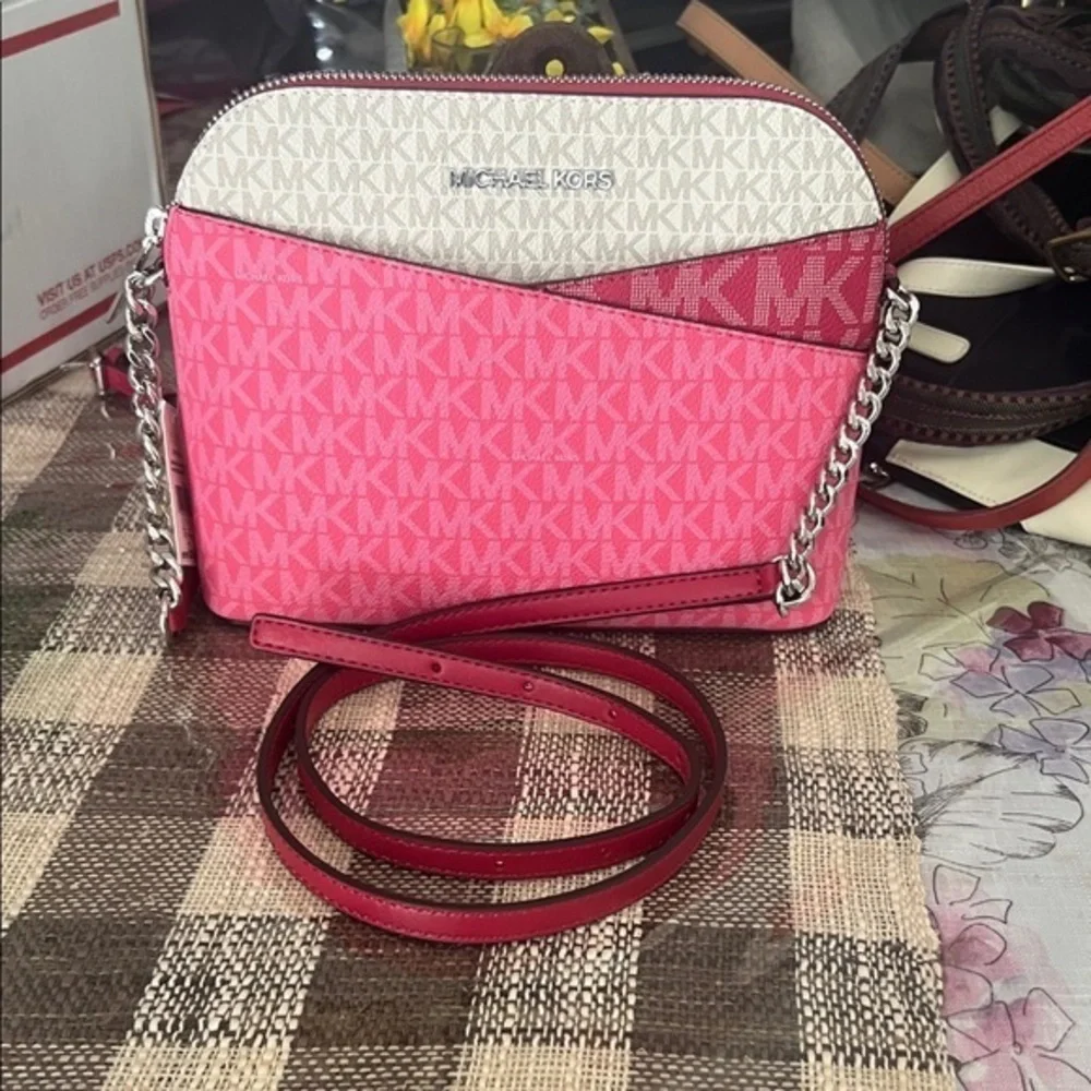 Michael Kors Pink and White Jet Set Crossbody Bag